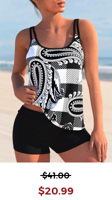 Plaid Paisley Print White Tankini Set