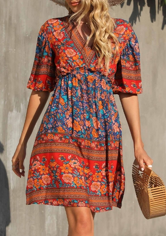 Tribal Print V Neck Multi Color Dress