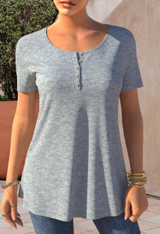Short Sleeve Grey Marl Button Detail T Shirt