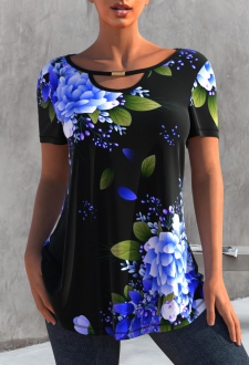 Floral Print Black Cutout T Shirt