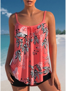 Bowknot Leaf Print Coral Red Tankini Top
