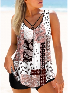 Pink Tribal Print Ring Detail Tankini Top