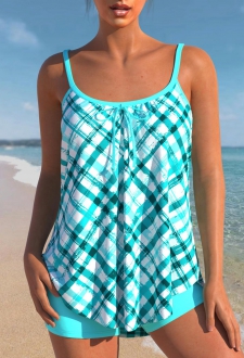 Bowknot Plaid Cyan Spaghetti Strap Tankini Set