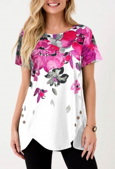 Floral Print Hot Drilling White T Shirt