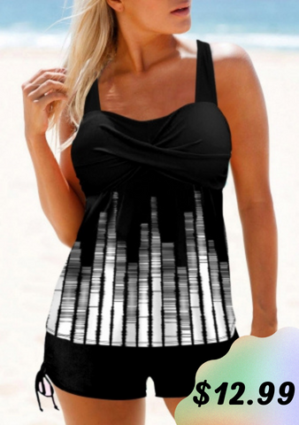 Front Cross Geometric Print White Tankini Top