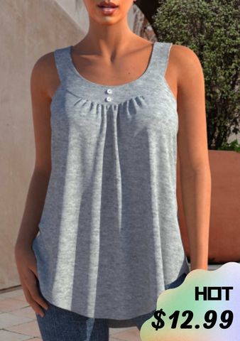Decorative Button Round Neck Grey Marl Tank Top