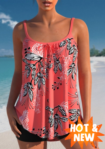 Bowknot Leaf Print Coral Red Tankini Top