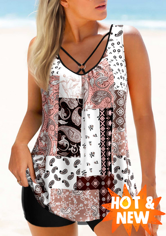 Pink Tribal Print Ring Detail Tankini Top