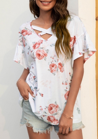 Cross Strap Floral Print White T Shirt