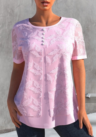 Faux Two Piece Embroidered Light Pink T Shirt