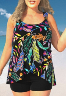 Plus Size Floral Print Black Tankini Top