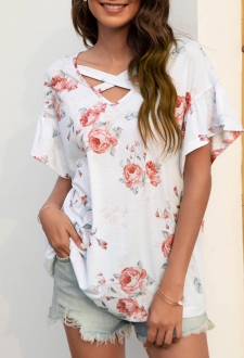 Cross Strap Floral Print White T Shirt