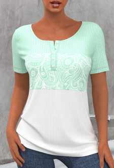 Paisley Print Waffle Knit Light Green T Shirt