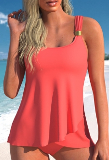 Coral Red Metal Detail Wide Strap Tankini Set