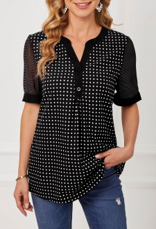 Polka Dot Split Neck Short Sleeve Black Blouse