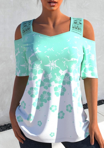 Lace Stitching Floral Print Ombre Cyan T Shirt
