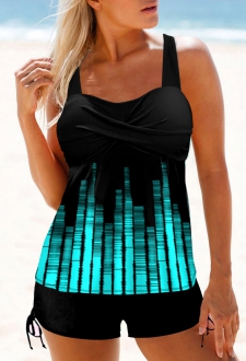 Ombre Front Cross Geometric Print Cyan Tankini Top