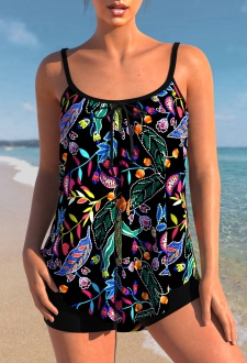 Floral Print Black Spaghetti Strap Tankini Top