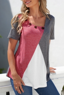 Grey Decorative Button Contrast Short Sleeve T Shirt