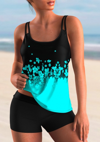 Floral Print Cyan Ombre Tankini Top