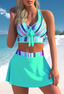 High Waist Cyan Striped Cross Strap Bikini Set