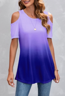 Purplish Blue Ombre Cold Shoulder T Shirt