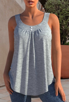Decorative Button Round Neck Grey Marl Tank Top