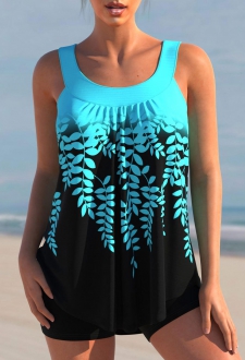 Leaf Print Ombre Cyan Color Block Tankini Top