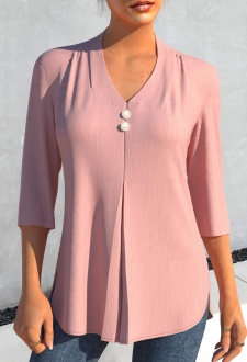 Pink 3/4 Sleeve V Neck Button Detail Blouse