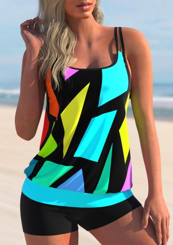 Colorful Geometric Print Double Straps Tankini Set