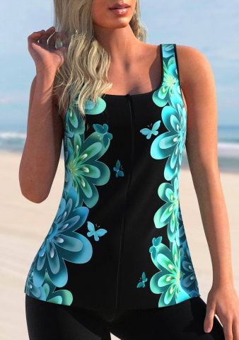Butterfly Print Wide Strap Cyan Tankini Top