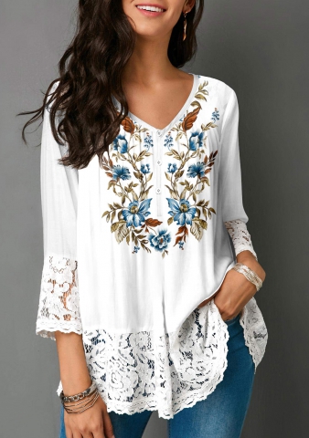 Floral Print Lace Panel White V Neck Blouse