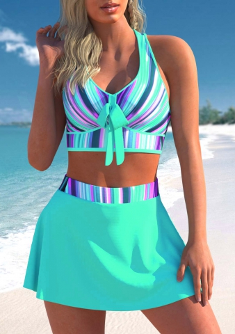 High Waist Cyan Striped Cross Strap Bikini Set