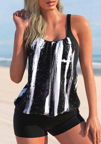 Striped Wide Strap Black Tankini Top
