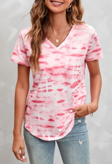 Pink Tie Dye Print V Neck T Shirt