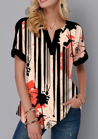 Short Sleeve Split Neck Striped Blouse