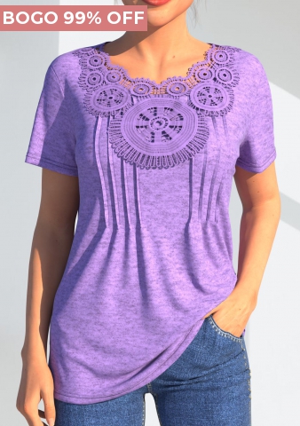 Lace Stitching Crinkle Chest Light Purple T Shirt