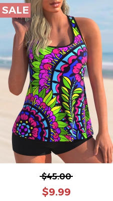 Paisley Print Wide Strap Cross Strap Tankini Set