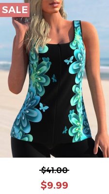 Butterfly Print Wide Strap Cyan Tankini Top