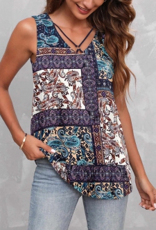 Ring Detail Tribal Print Tank Top