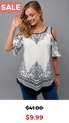 Tribal Print Cold Shoulder Asymmetric Hem T Shirt