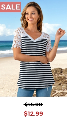 Lace Patchwork Short Sleeve V Neck Striped T Shirt