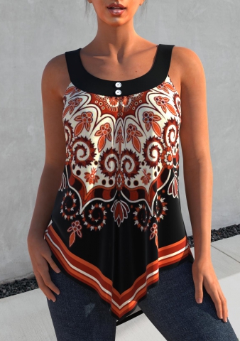 Orange Tribal Print Asymmetric Hem Tank Top