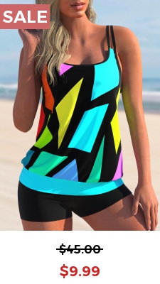 Colorful Geometric Print Double Straps Tankini Set