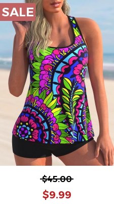 Paisley Print Wide Strap Cross Strap Tankini Set