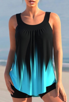 Ombre Stripe Print Cyan Tankini Top