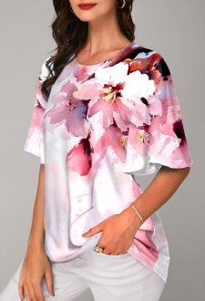 Pink Floral Print Half Sleeve Round Neck T Shirt