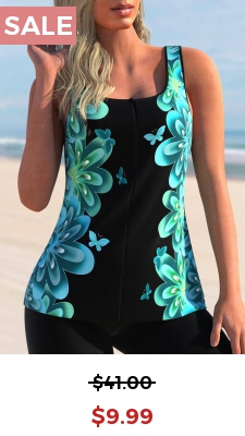Butterfly Print Wide Strap Cyan Tankini Top