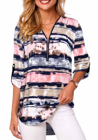 Long Sleeve V Neck Quarter Zip Blouse