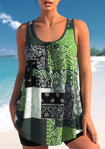Bowknot Blackish Green Paisley Print Tankini Top